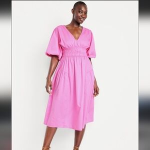 Old Navy Pink V‑Neck Midi Dress with Puff Sleeves